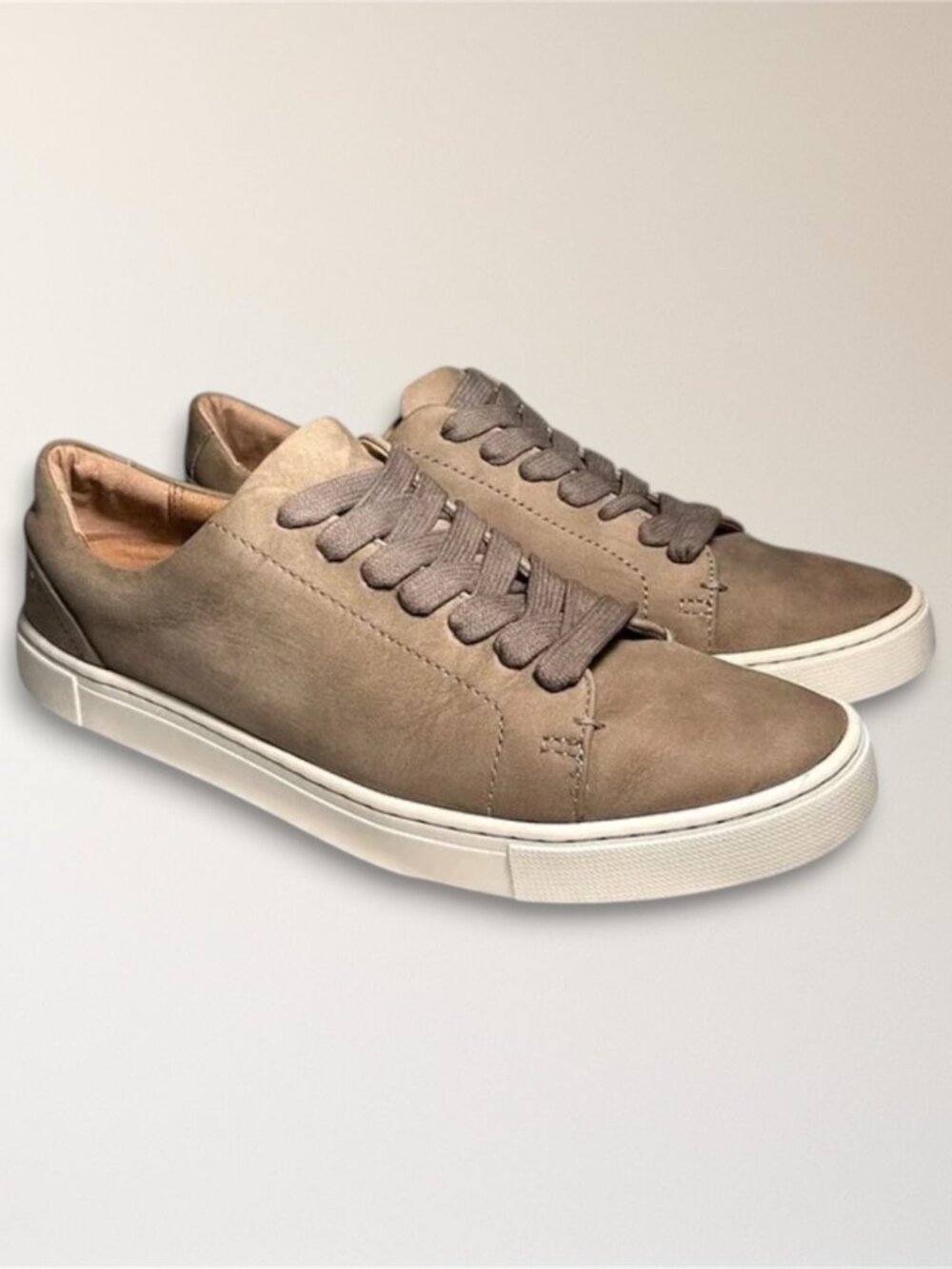 Frye Womens 9 Taupe Nubuck Leather Sneakers Lace Up Casual Minimalist Street